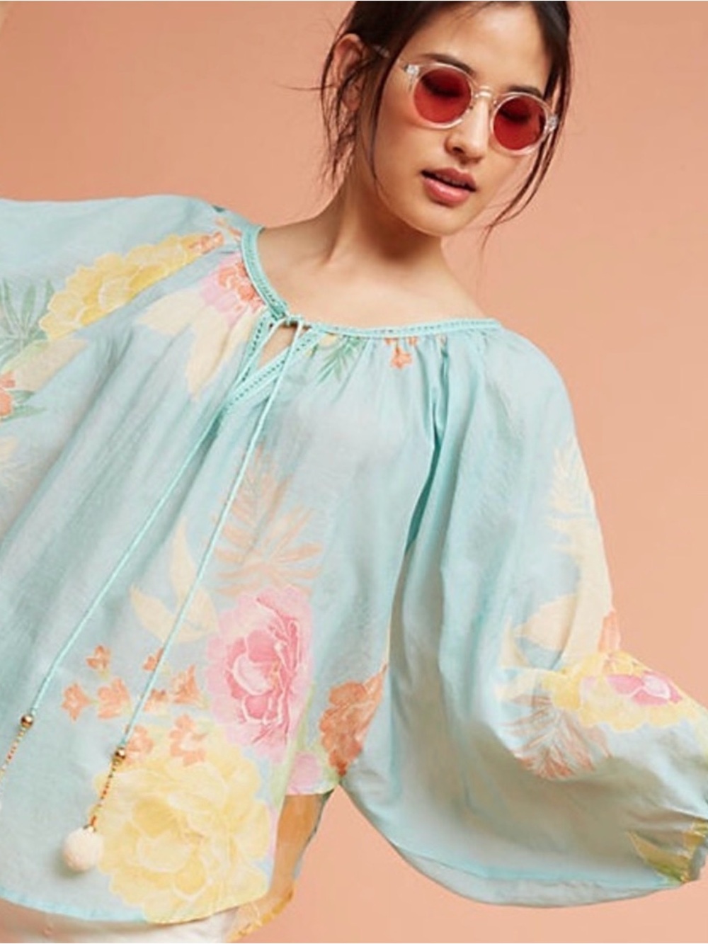 FARM Rio Mint Floral Peasant Blouse with Pom Tie - Size Small